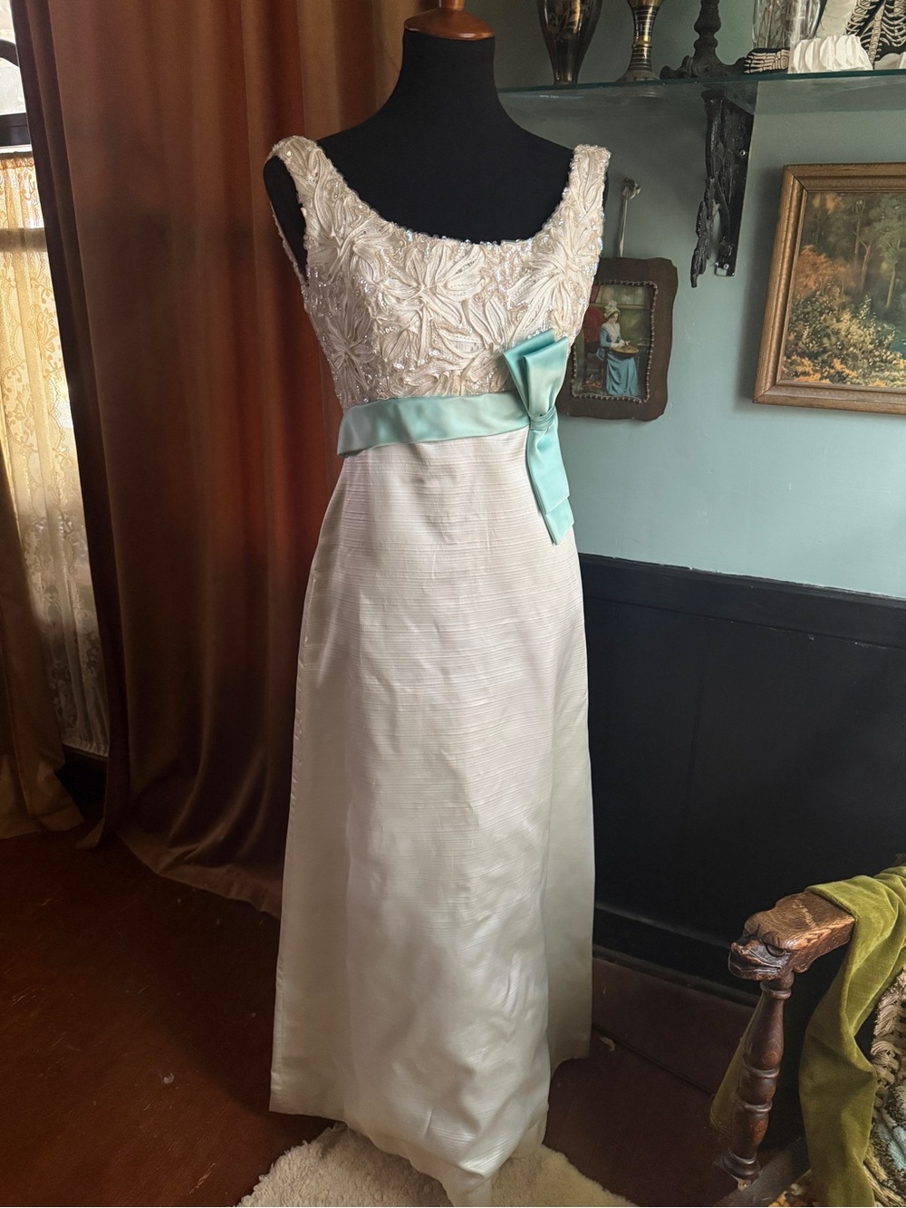 1960s Cream Embroidered Bodice Maxi Dress with Mint Sash